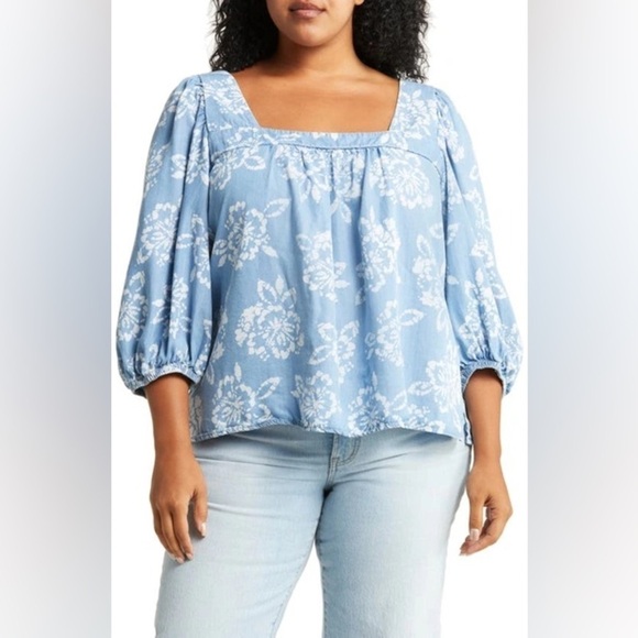 Caslon Tops - 033. NWT CASLON Floral Stamp Chambray Popover Top 3x